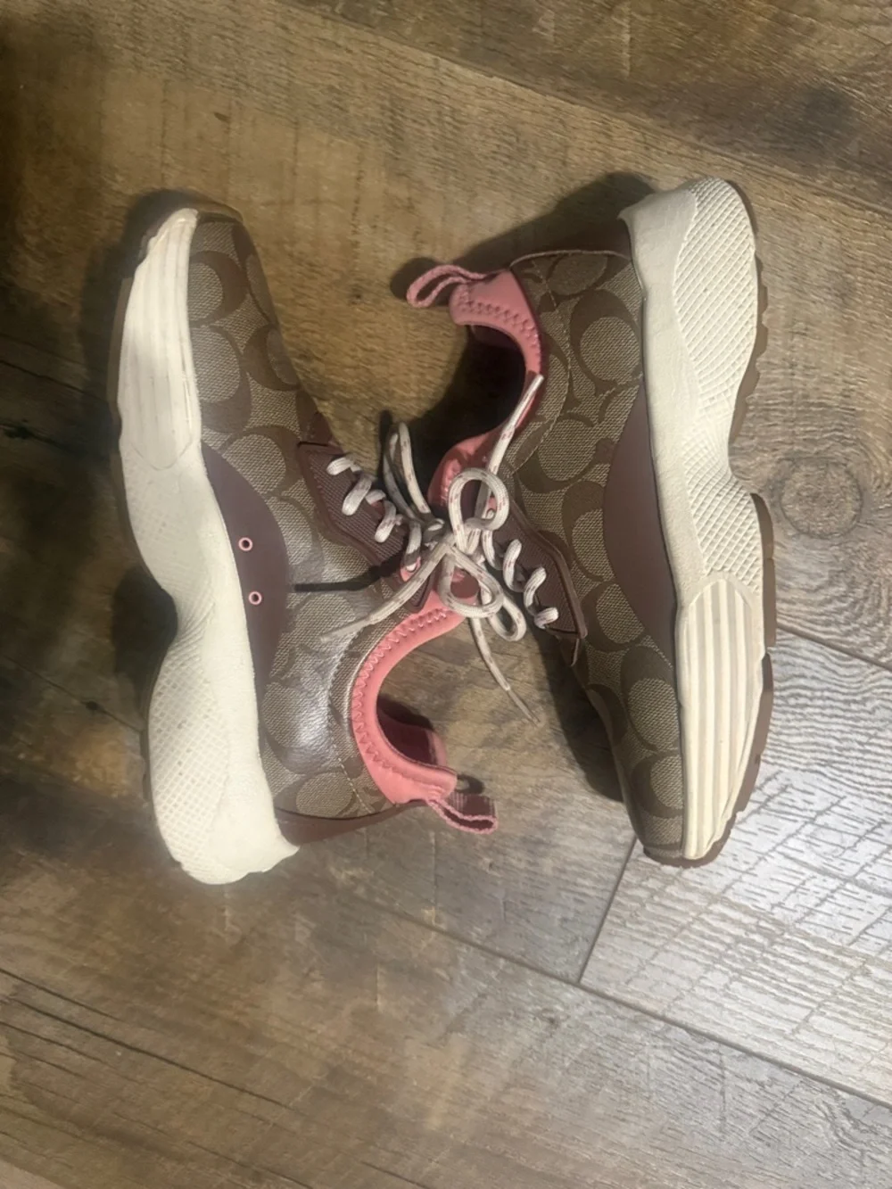 Coach Brown Signature Sneakers with Pink Accents Size 6